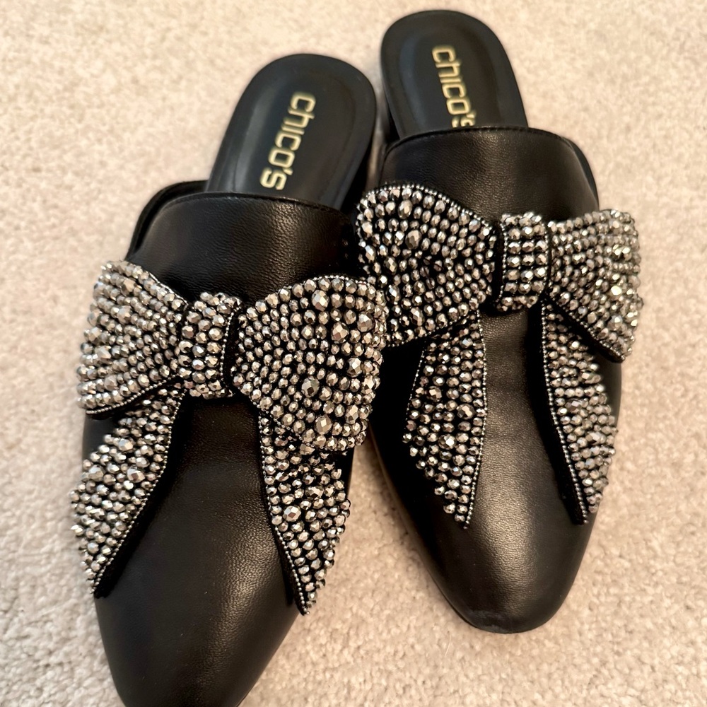 Chico’s Women Embellished Bow Leather Mules